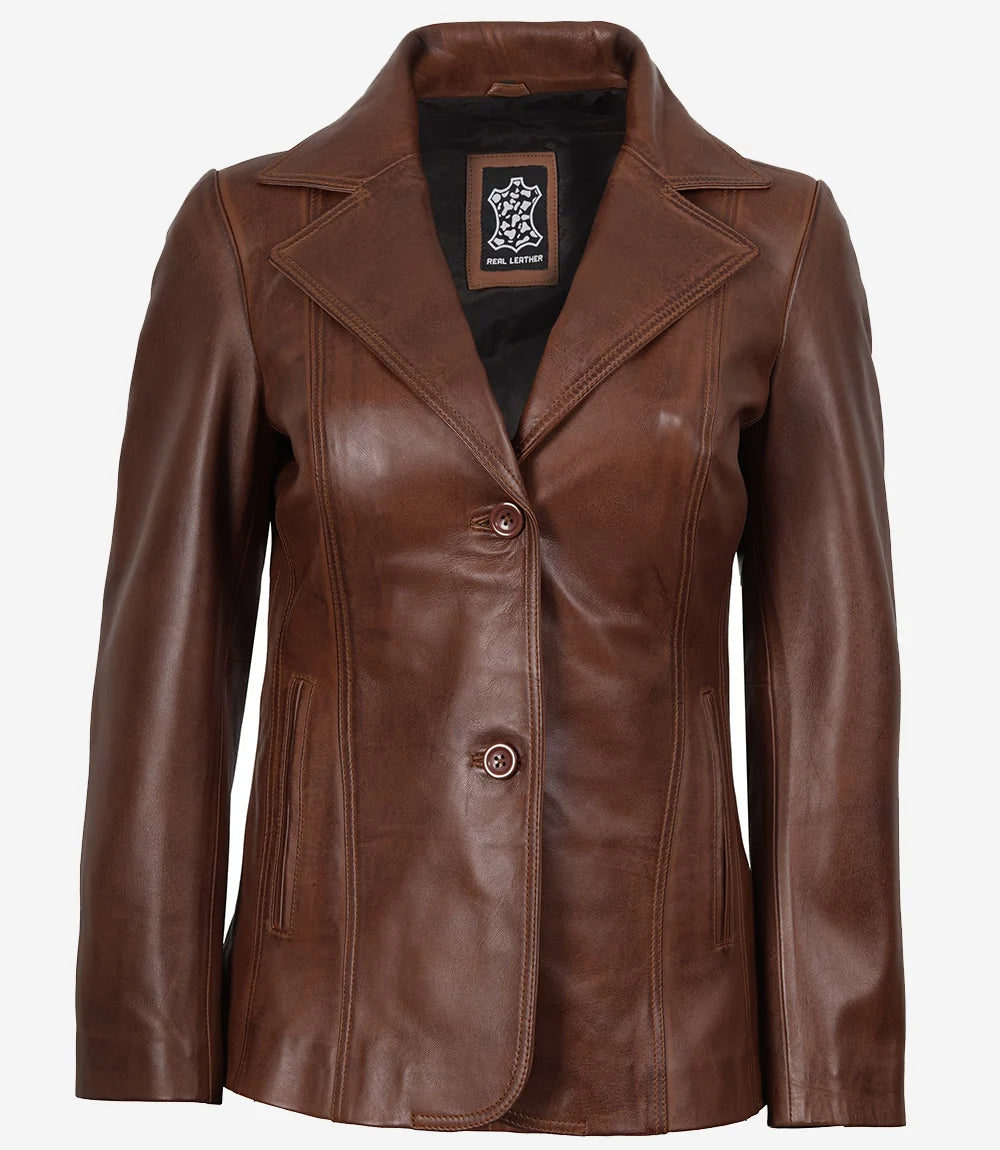 Women's Notch Lapel Two Button Cognac Leather Blazer